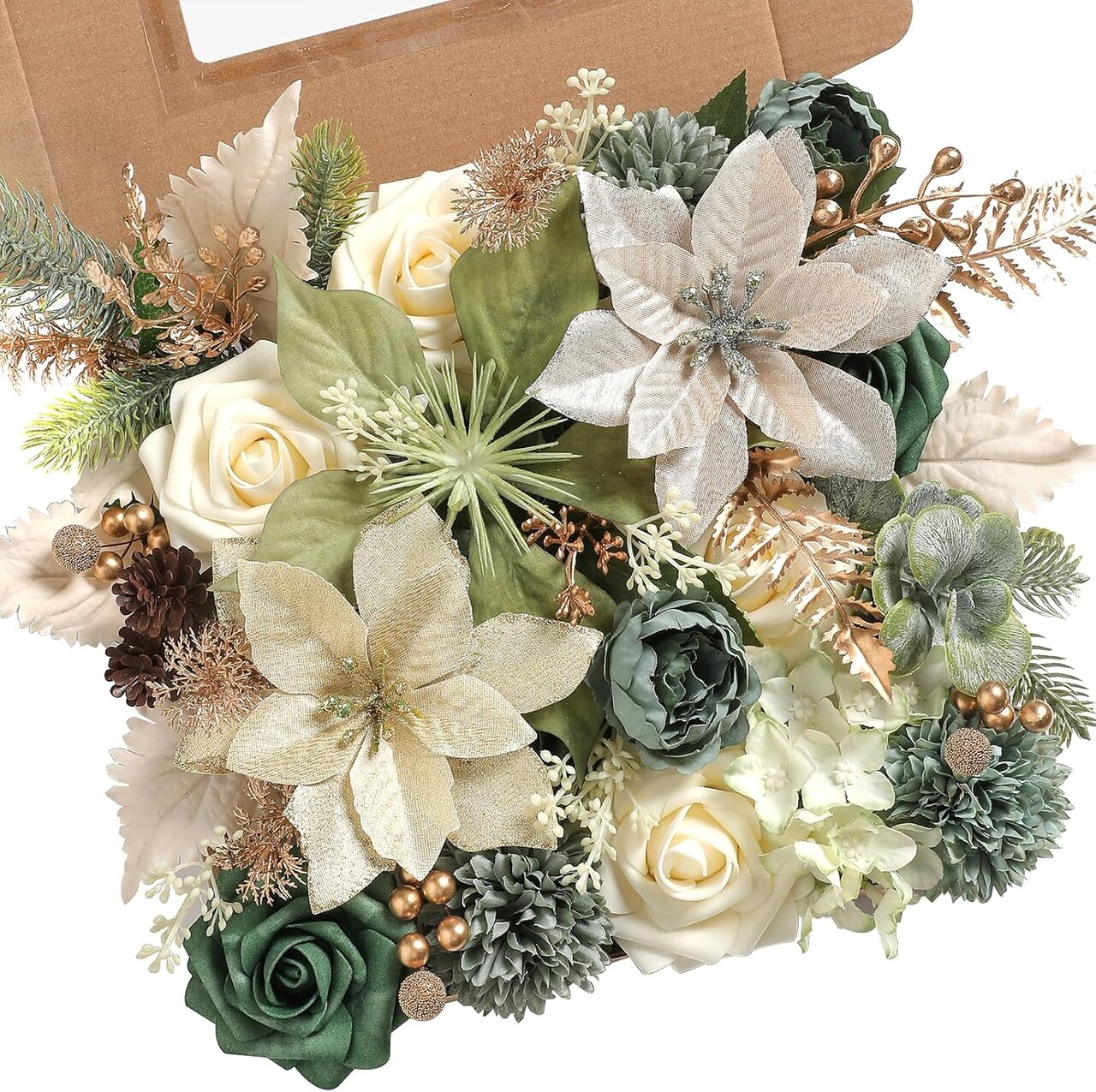 Box Set Silk Flowers Fake Rose for DIY Christmas Red Theme Decoration Tree Ornaments, Xmas Wreath Floral Arrangements Party